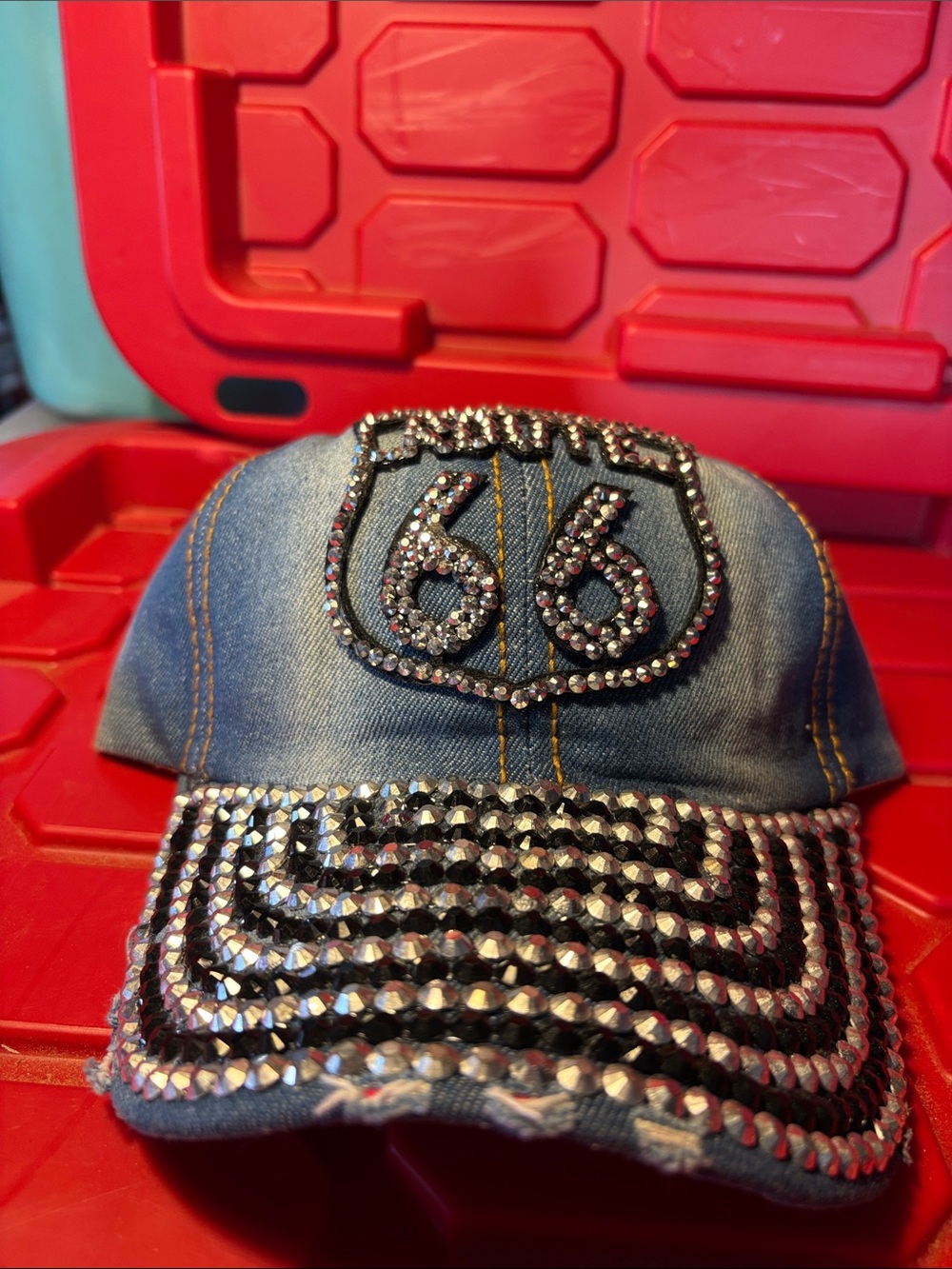 New Blue Denim Route 66 Jeweled Cap Hat Snap Cachucha